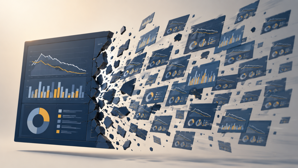 Analytics dashboard cracking apart and multiplying into many flawed charts, symbolizing how AI can amplify bad analysis.
