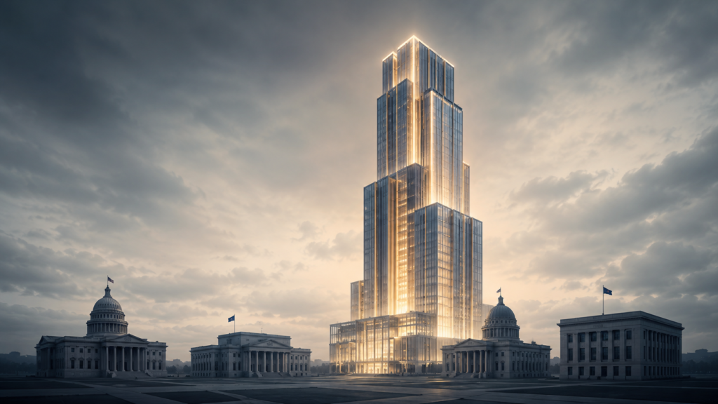 A glowing AI lab tower rising above smaller government buildings, symbolizing AI companies gaining power as governance struggles to keep pace.