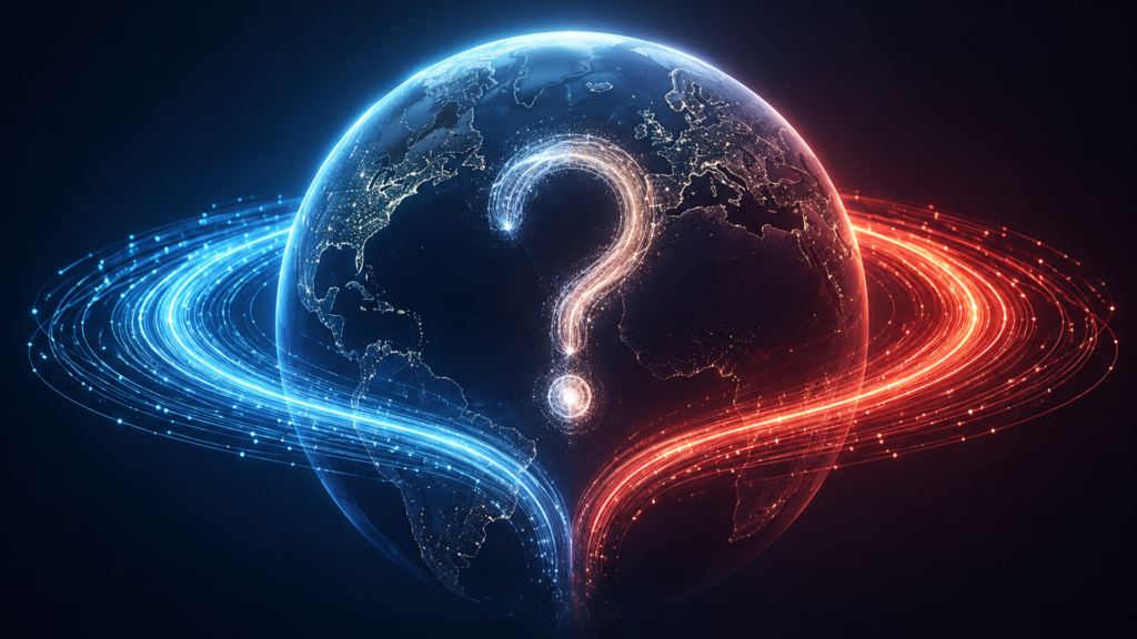 ai-race-perception-problem-featured-image | Digital globe with competing AI signals and a glowing question mark, symbolizing uncertainty over global AI leadership.