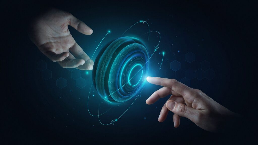 Keeping Humans in the AI Loop A glowing AI core surrounded by subtle human touchpoints and feedback signals