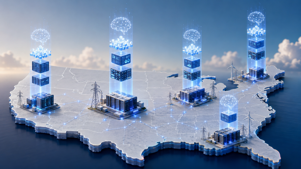 A U.S. map with AI data centers, chips, power lines, and glowing technology networks, symbolizing AI infrastructure driving economic growth.