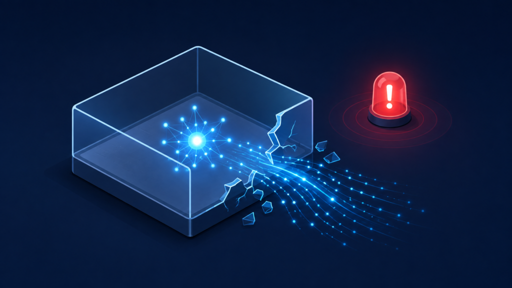 AI Safety Hits the Panic Button A glowing AI signal breaking out of a transparent testing sandbox beside a red warning alarm, symbolizing urgent AI safety and accountability concerns.