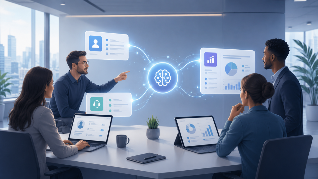 An association team using AI to connect member data, reports, and service requests in a modern office, showing AI becoming part of everyday operations.