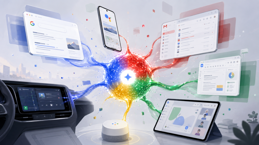A Google-colored AI core pulling different product screens and devices in multiple directions, symbolizing Gemini spreading across Google’s ecosystem without a fully cohesive experience.