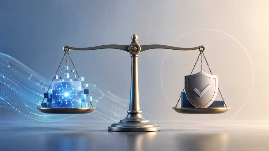 A balance scale weighing AI innovation against trust and risk controls, symbolizing a more selective and responsible AI strategy.