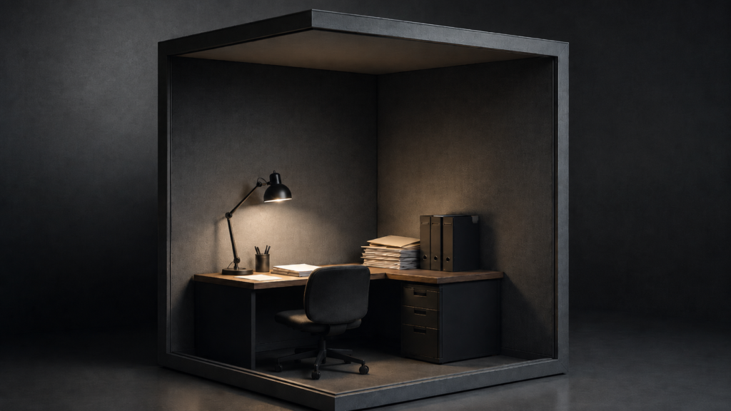 A dimly lit tiny corner office with a desk, stacked paper files, folders, and a chair, representing small business back-office admin work.