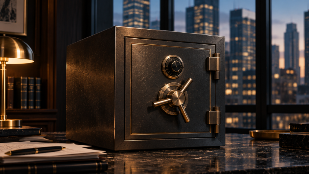 Why AI Labs May Not Win Financial Services A closed bank vault in a modern financial office, symbolizing the specialized data, systems, security, and infrastructure surrounding AI in financial services.