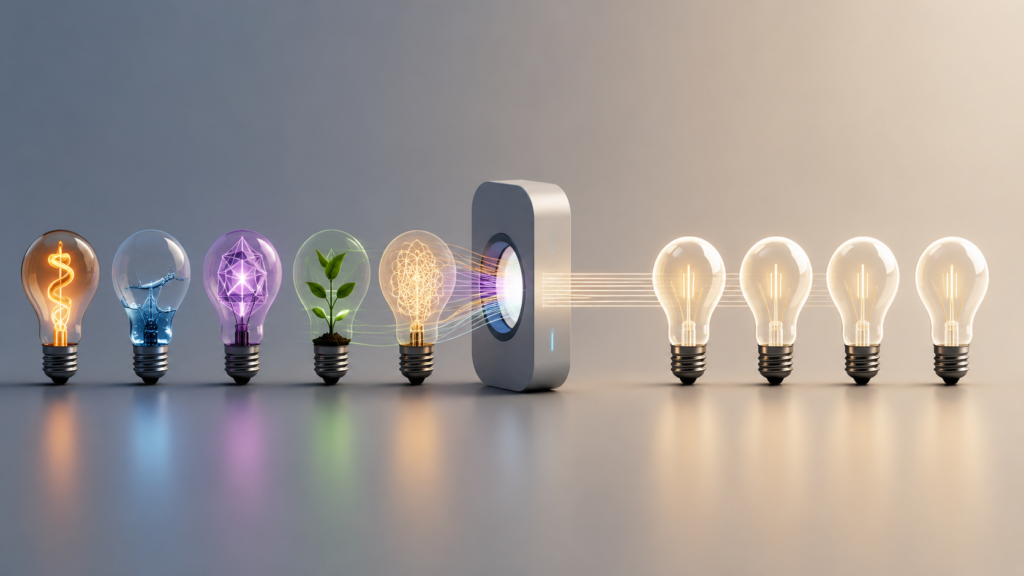 Unique lightbulbs with different ideas passing through an AI system and becoming identical, symbolizing how AI may make human creativity and thinking more alike.