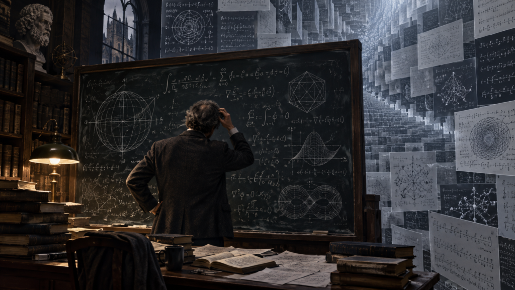 Alt text: A mathematician studies a chalkboard filled with equations while countless machine-generated proofs and diagrams accumulate around him, symbolizing the tension between AI output and human understanding.
