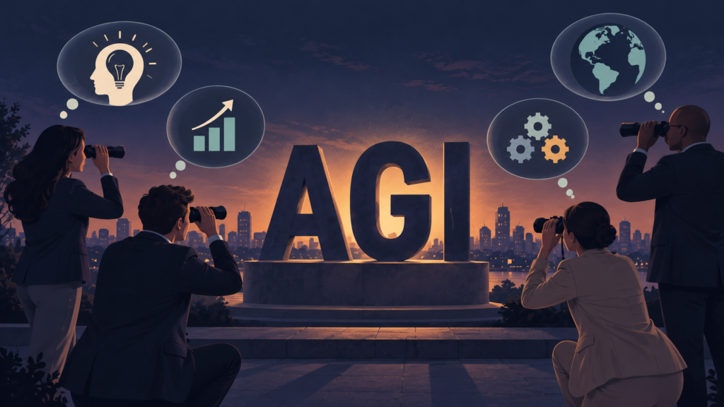 Everyone Has a Different Definition of AGI Business professionals looking through telescopes at large AGI letters, with different thought bubbles showing varied interpretations of artificial general intelligence.