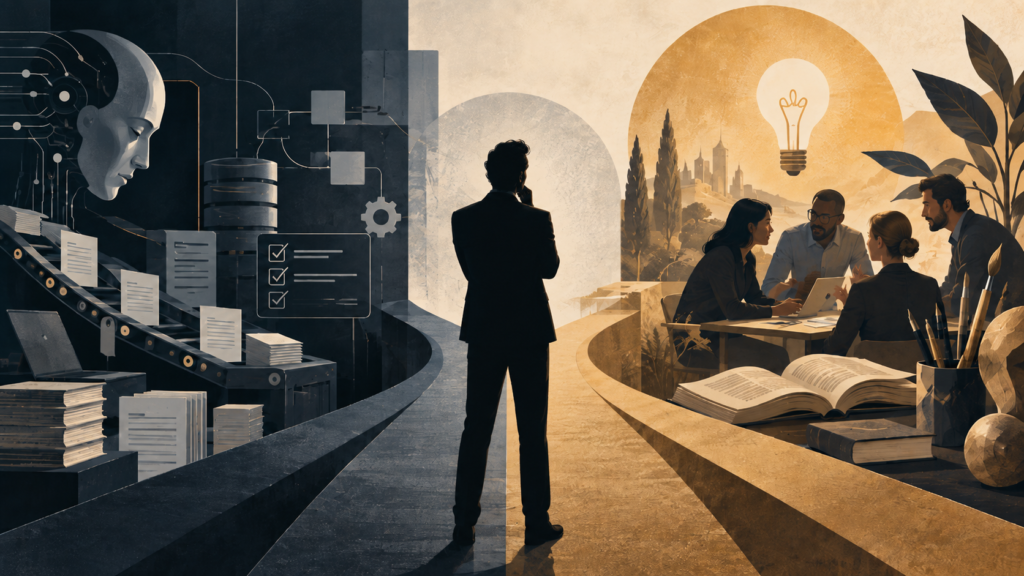 A silhouetted person stands between AI-driven automation and a human-centered world of creativity, learning, and collaboration.