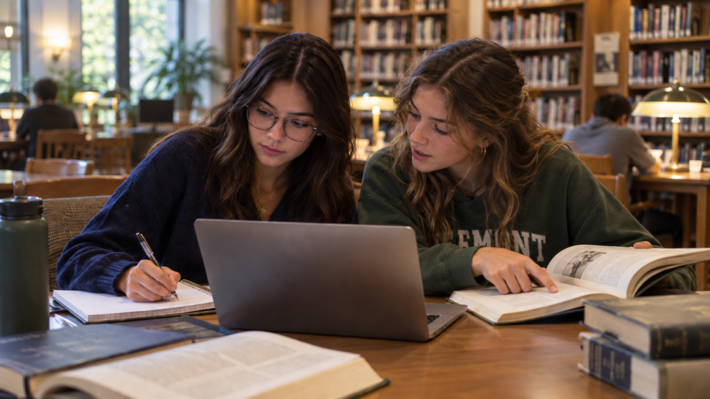 Teens May Be More Thoughtful About AI Than We Think Two teens study together in a library, with one using a laptop and taking notes while the other checks information in a book.